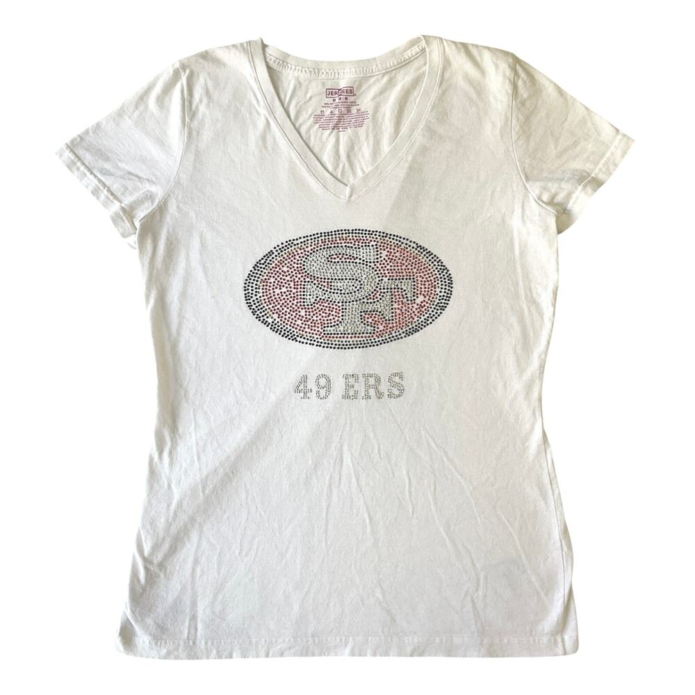 Jerzees Women Shirt M White Sports Fan Rhinestone V-Neck Pullover Short Sleeve